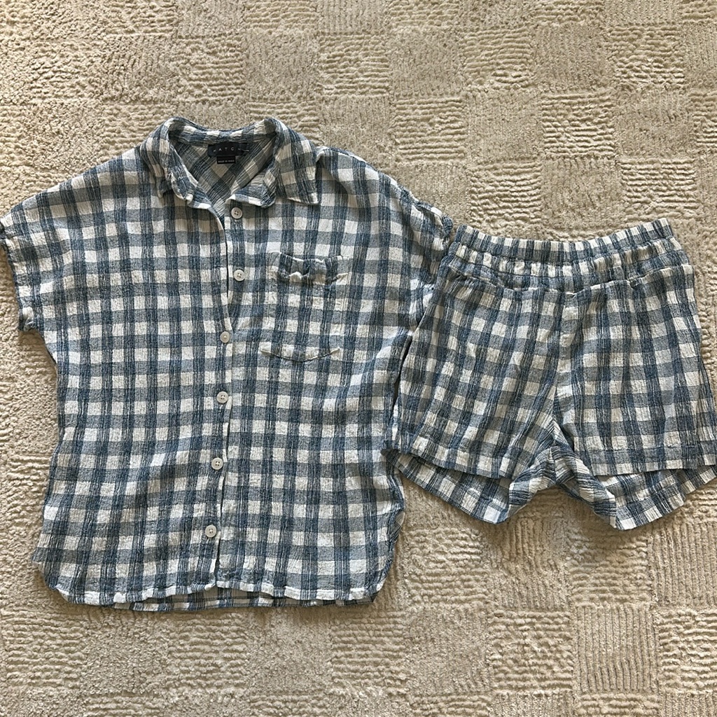Hatch Blue And White Checked Short Sleeve Button-Up Top